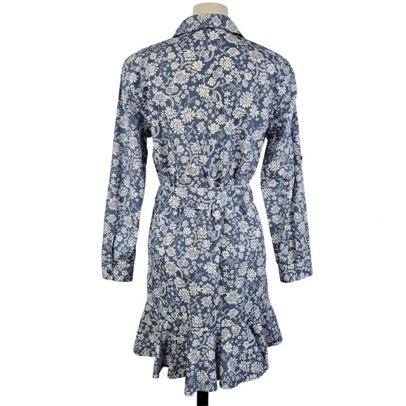 CHAPS Women's Floral Shirt Dress Button Front Ruffle Roll Tab Sleeve Blue Medium - Picture 3 of 14